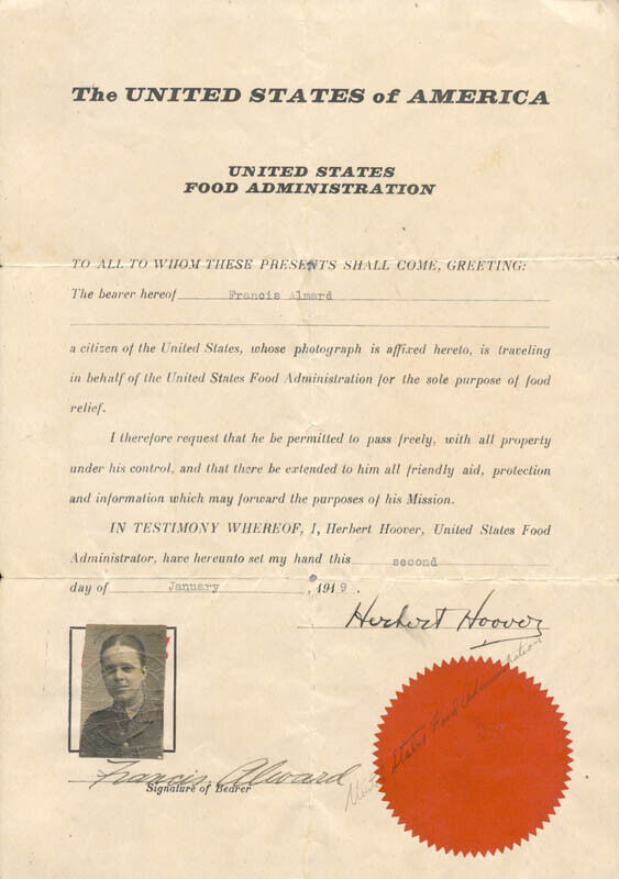 HERBERT HOOVER - DOCUMENT SIGNED 01/02/1919 CO-SIGNED BY: FRANCIS ALMARD