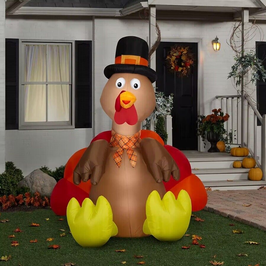 8ft Gemmy ANIMATED Airblown Thanksgiving Turkey with Pilgrim Hat Yard Inflatable