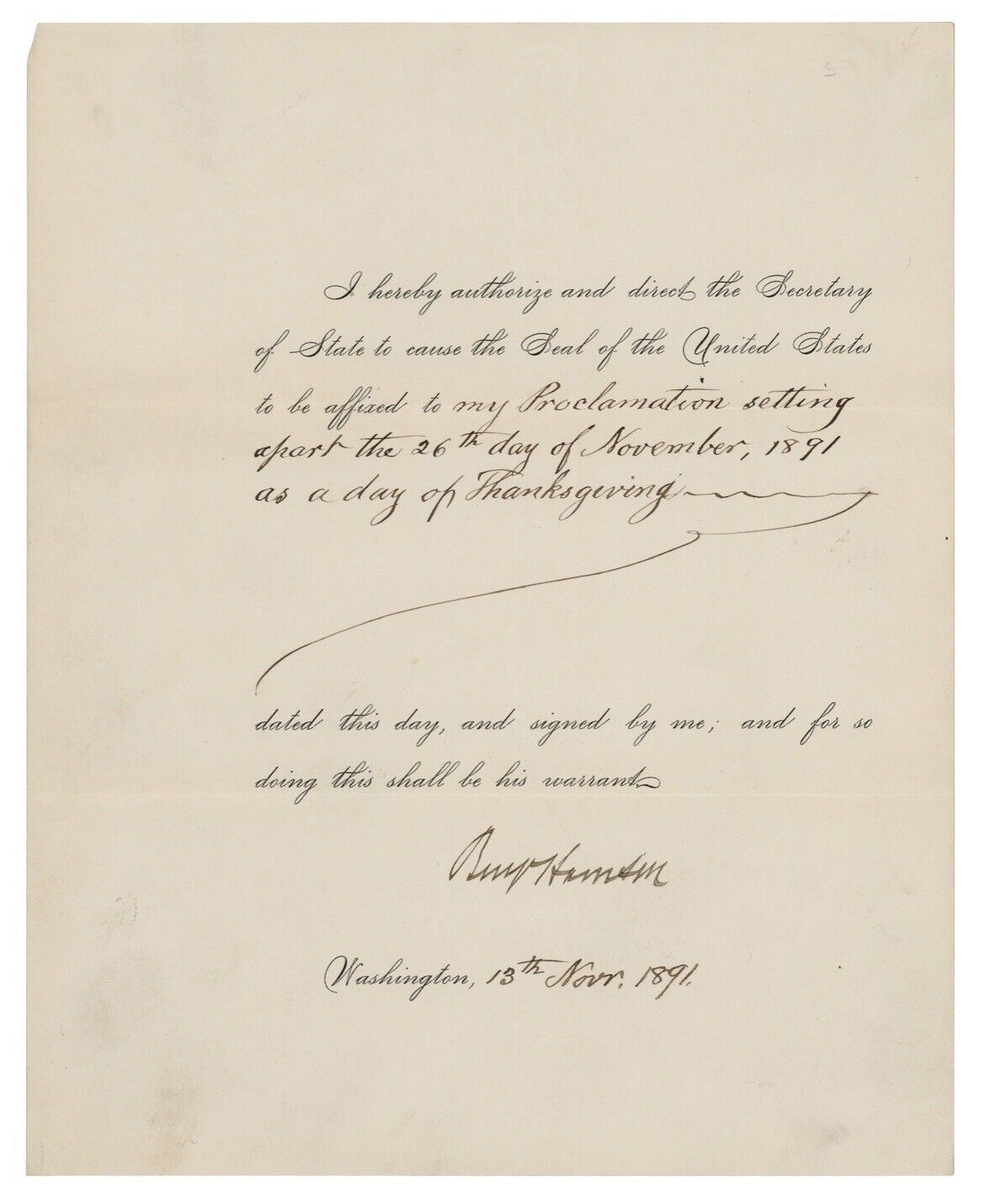 Benjamin Harrison 1891 Document Signed as President - 