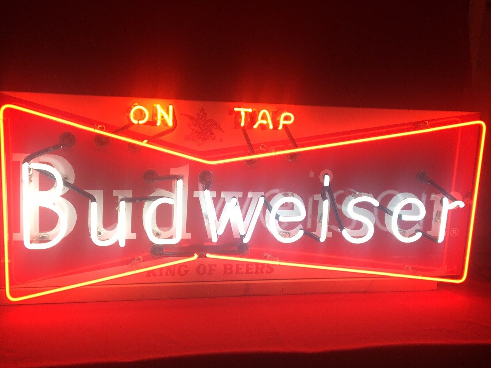 Vintage Budweiser On Tap beer neon sign porcelain enamel 48” X 18” bow tie