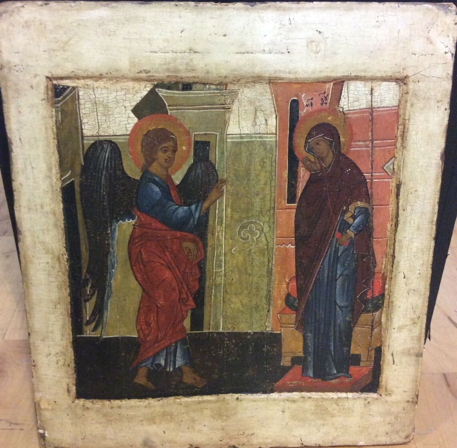 ANTIQUE 16-17c HAND PAINTED RUSSIAN ICON  THE ANNUNCIATION