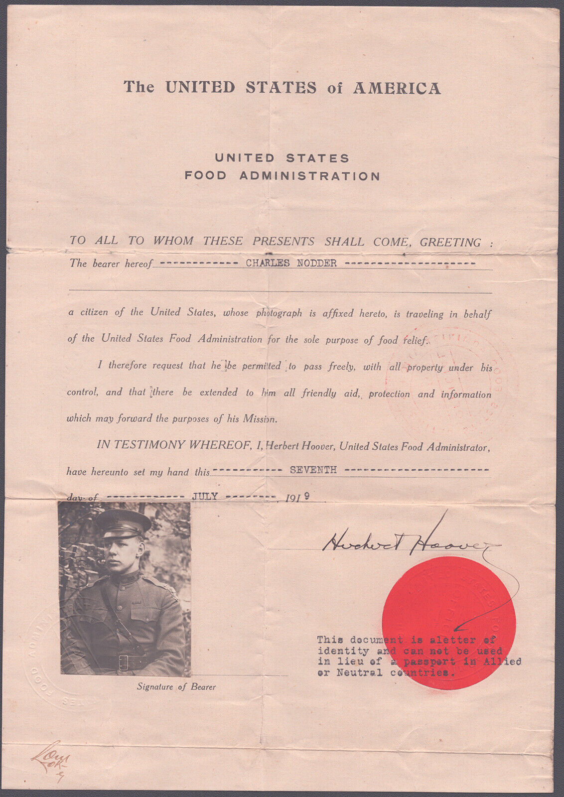 HERBERT HOOVER - DOCUMENT SIGNED 07/07/1919