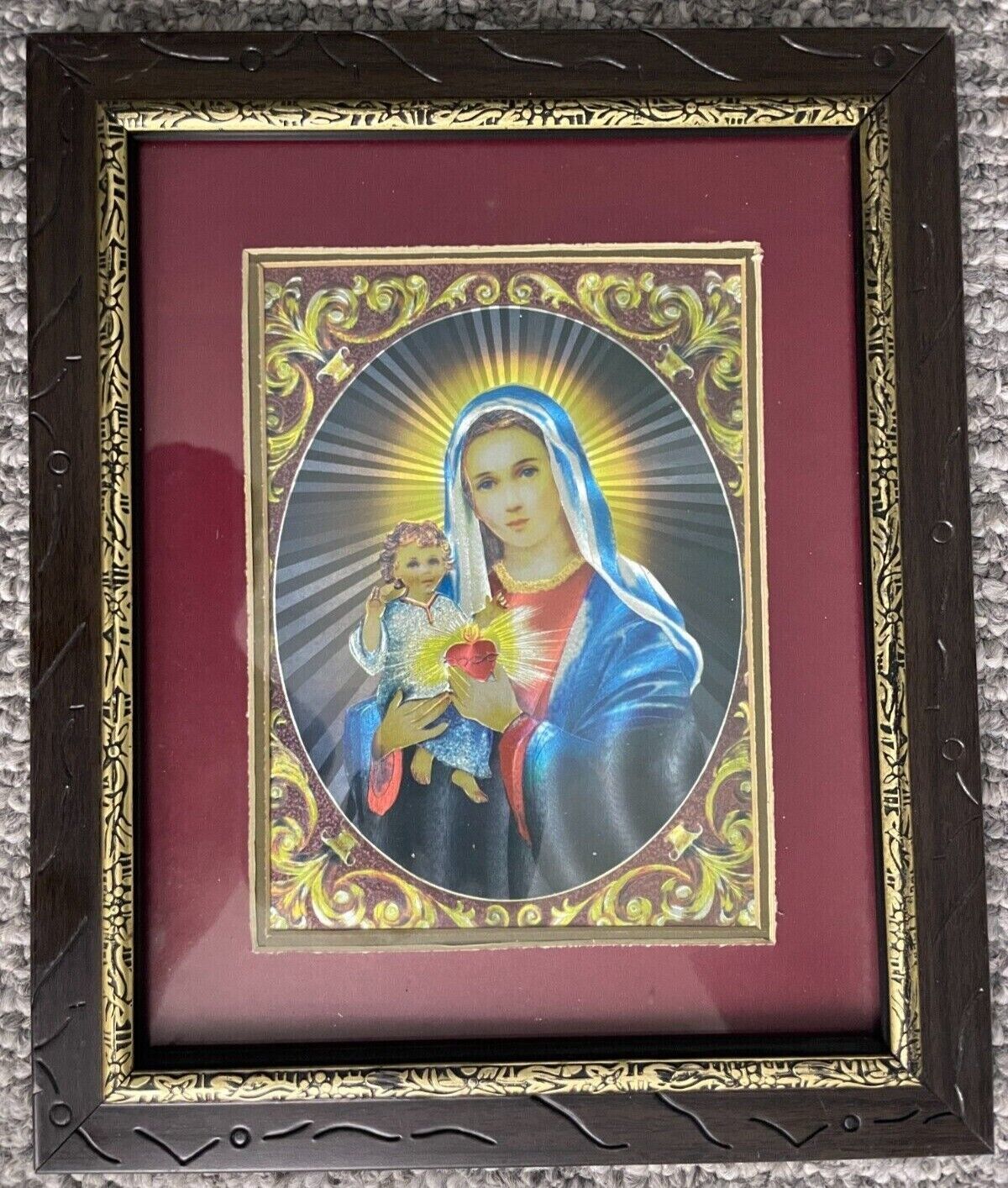 Rare Antique Virgin Mary Baby Jesus Sacred Heart Print in Wood Frame 13