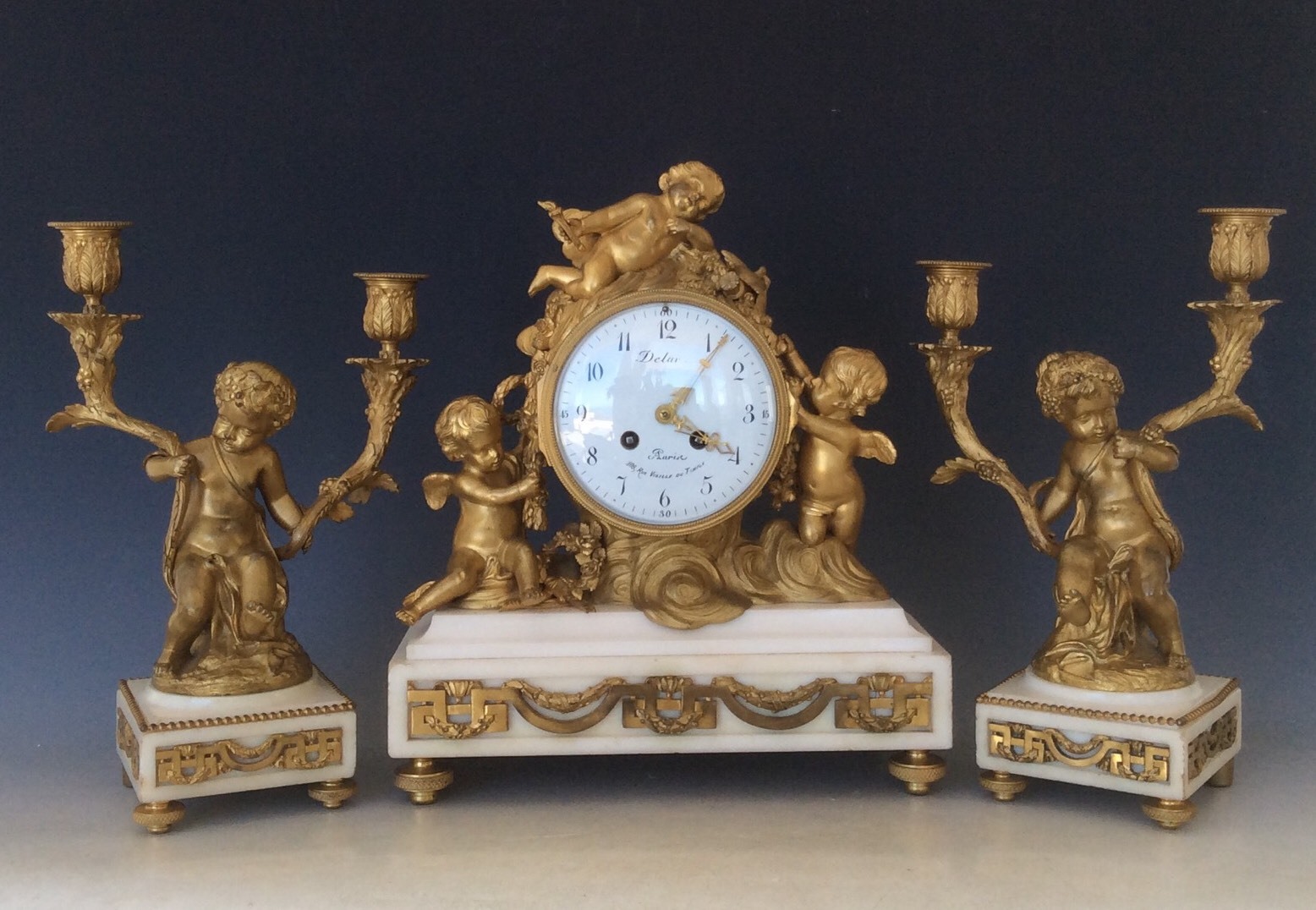 French Bronze Ormolu Mantle Clock Garniture Clodion Louis XV Style Circa 1880