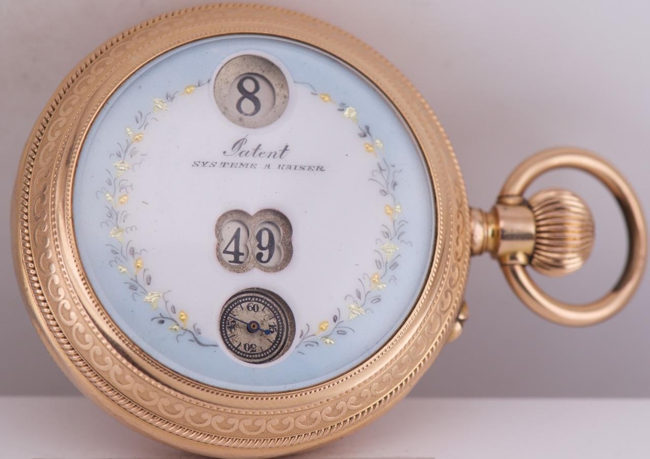Antique US President Award 18k Gold & Enamel  A.Kaiser Jump-Hour Pocket Watch