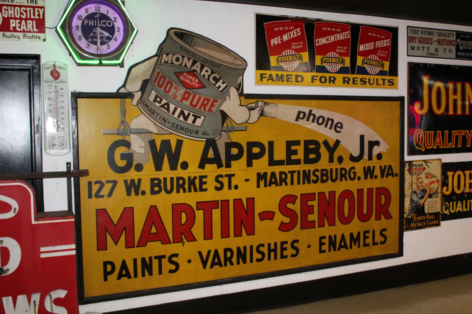 10' SCARCE 1920s MONARCH MARTIN-SENOUR PAINT TIN WOOD FRAME GENERAL STORE SIGN 10' SCARCE 1920s MONARCH MARTIN-SENOUR PAINT TIN WOOD FRAME GENERAL STORE SIGN