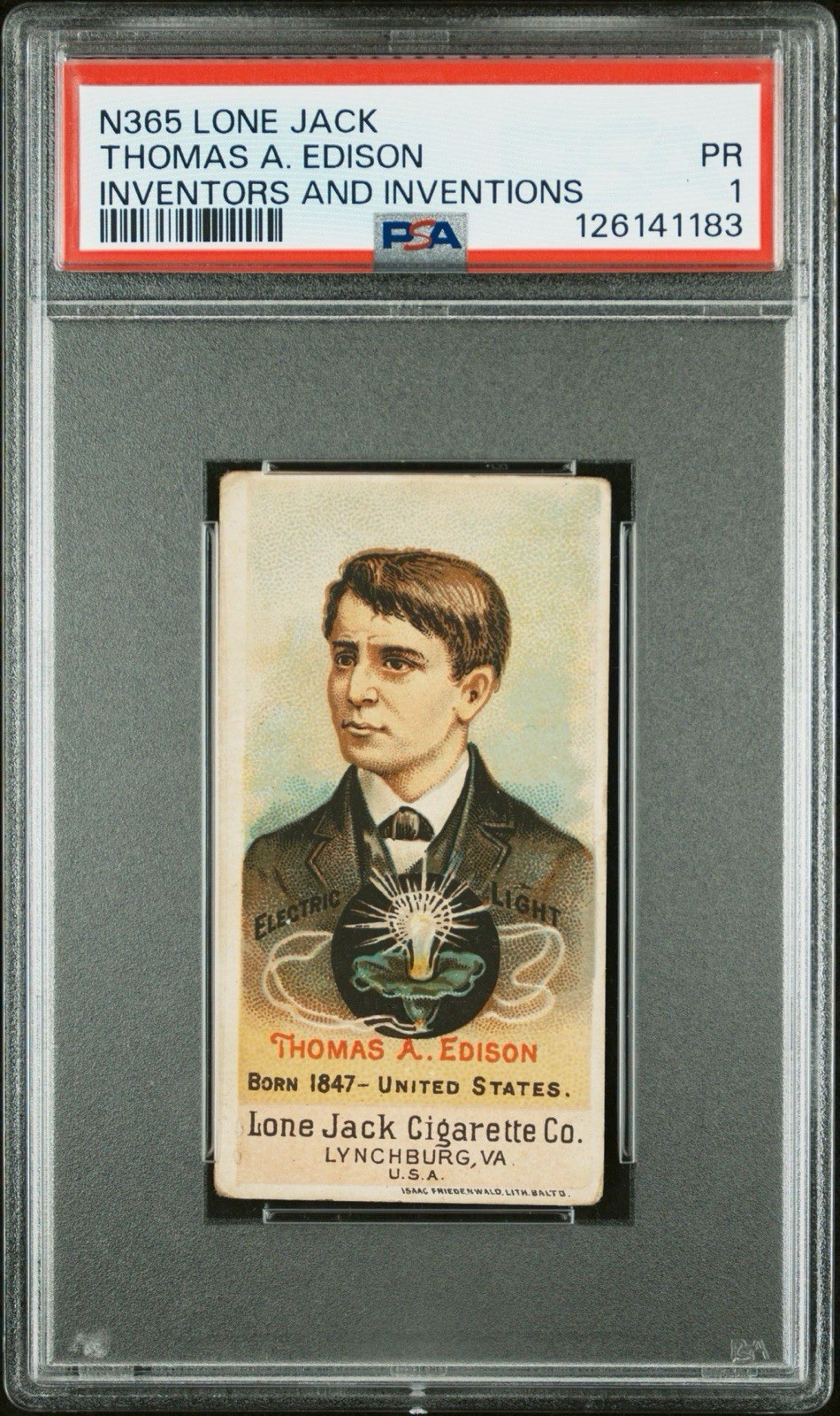 1887 N365 Lone Jack Inventors and Inventions *THOMAS EDISON* PSA 1, Sharp, RARE 1887 N365 Lone Jack Inventors and Inventions *THOMAS EDISON* PSA 1, Sharp, RARE