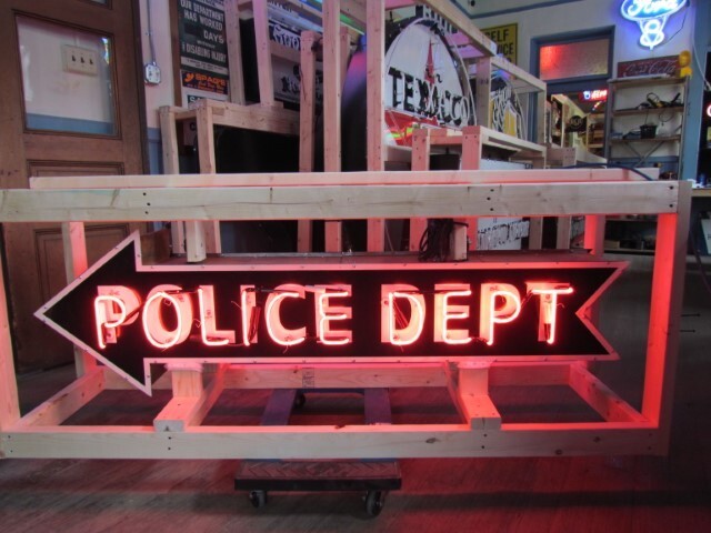 New Porcelain Double-Sided Police Dept Arrow Sign with Neon 72 IN W x 18 IN H New Porcelain Double-Sided Police Dept Arrow Sign with Neon 72 IN W x 18 IN H