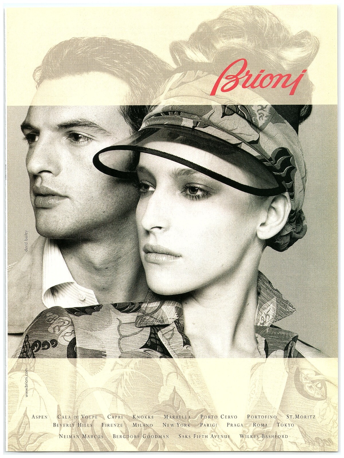 PRINT AD, 2003 Brioni Stylish Man & Woman Visor Hat Floral Print Coat Luxury