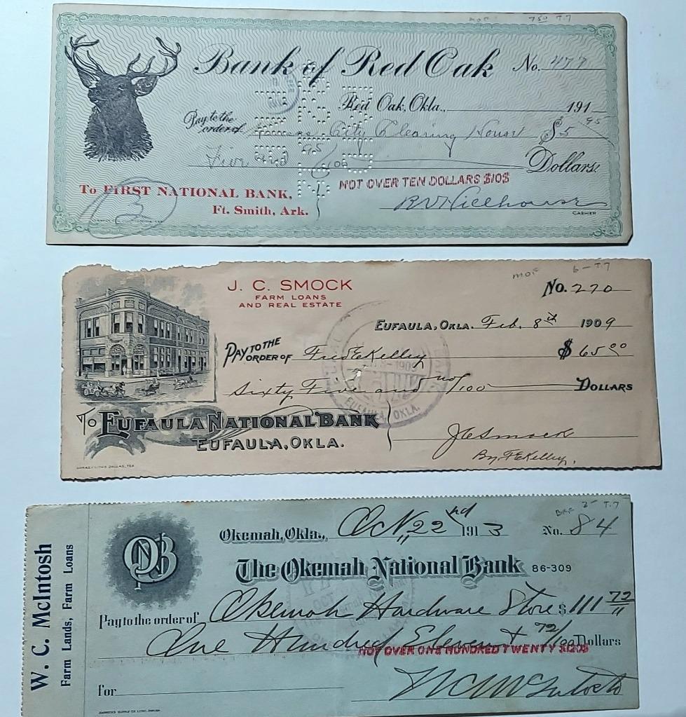 Oklahoma Bank Checks Towns of Enfaula, Red Oak and Okemah 1909-1913 Oklahoma Bank Checks Towns of Enfaula, Red Oak and Okemah 1909-1913