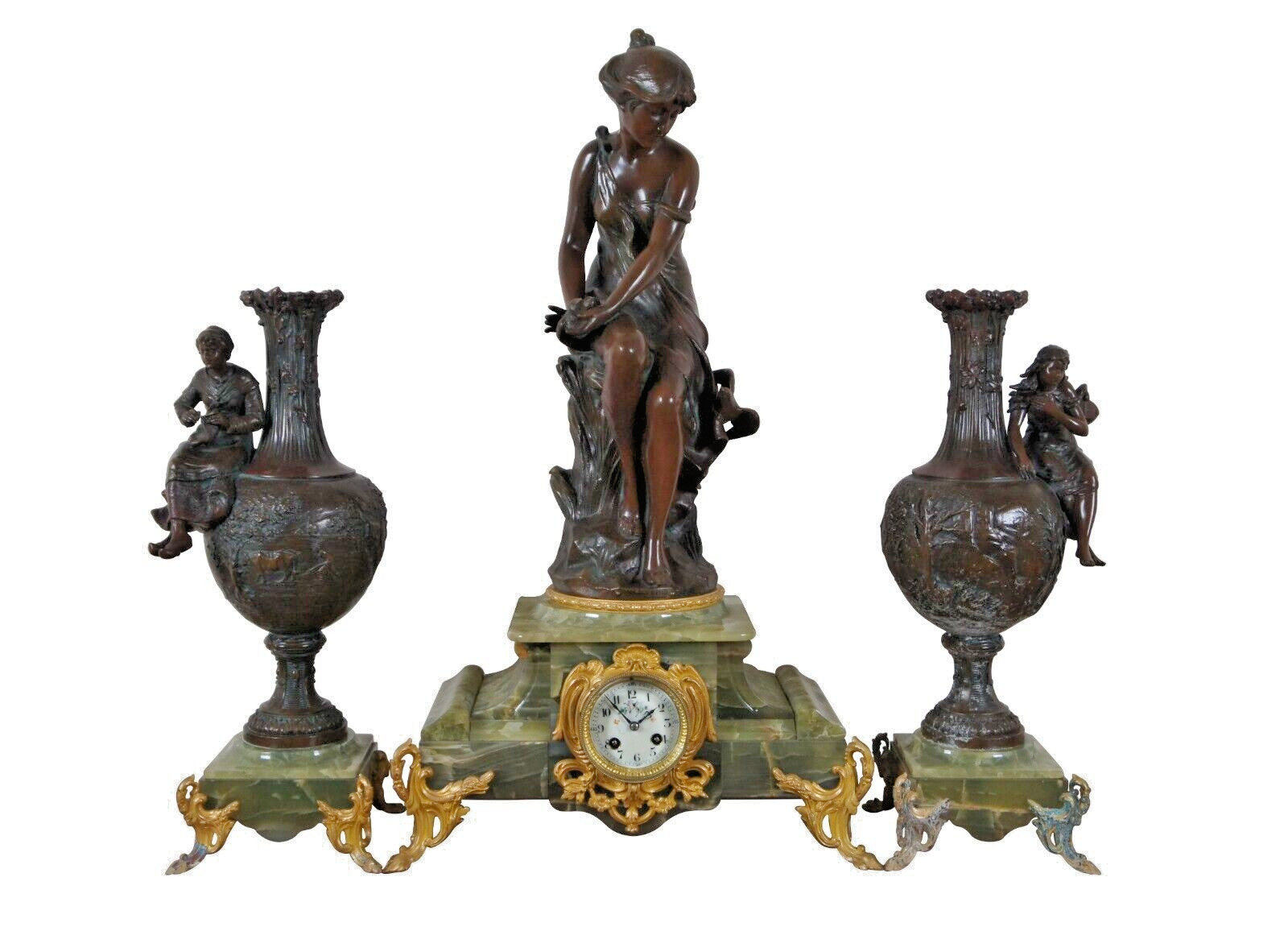 Antique Bronze Hirondelle Blessee Alfred Foretay Garniture Mantel Clock & Urns Antique Bronze Hirondelle Blessee Alfred Foretay Garniture Mantel Clock & Urns