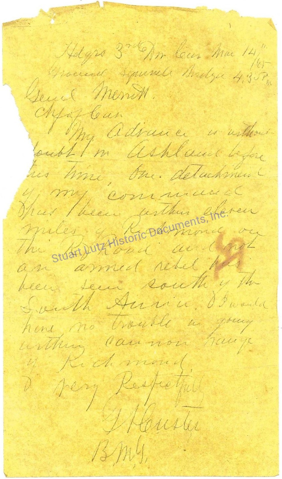 George Custer handwritten letter Mar 14 1865 boasting he could shell Richmond VA George Custer handwritten letter Mar 14 1865 boasting he could shell Richmond VA