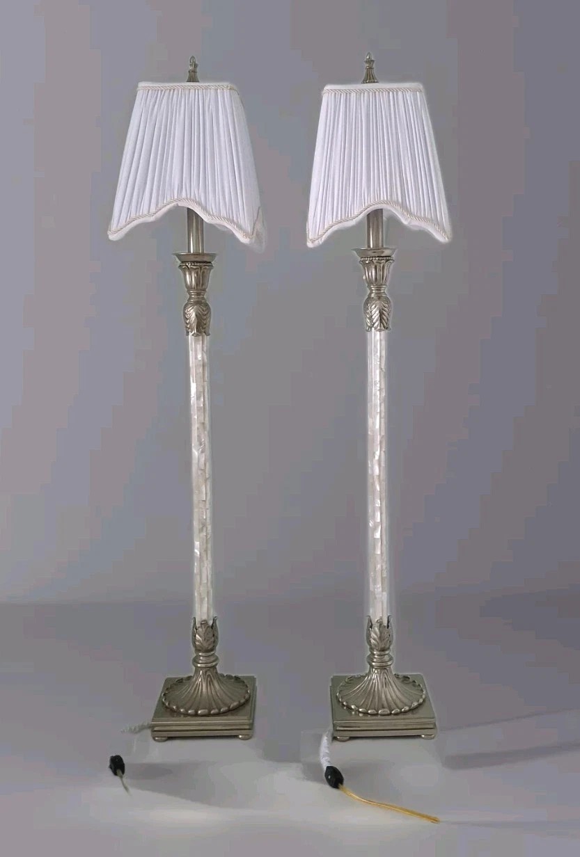 MCM, 2 Maitland Smith Candlestick Buffet Table Lamps, mother pearl, 36” MCM, 2 Maitland Smith Candlestick Buffet Table Lamps, mother pearl, 36”