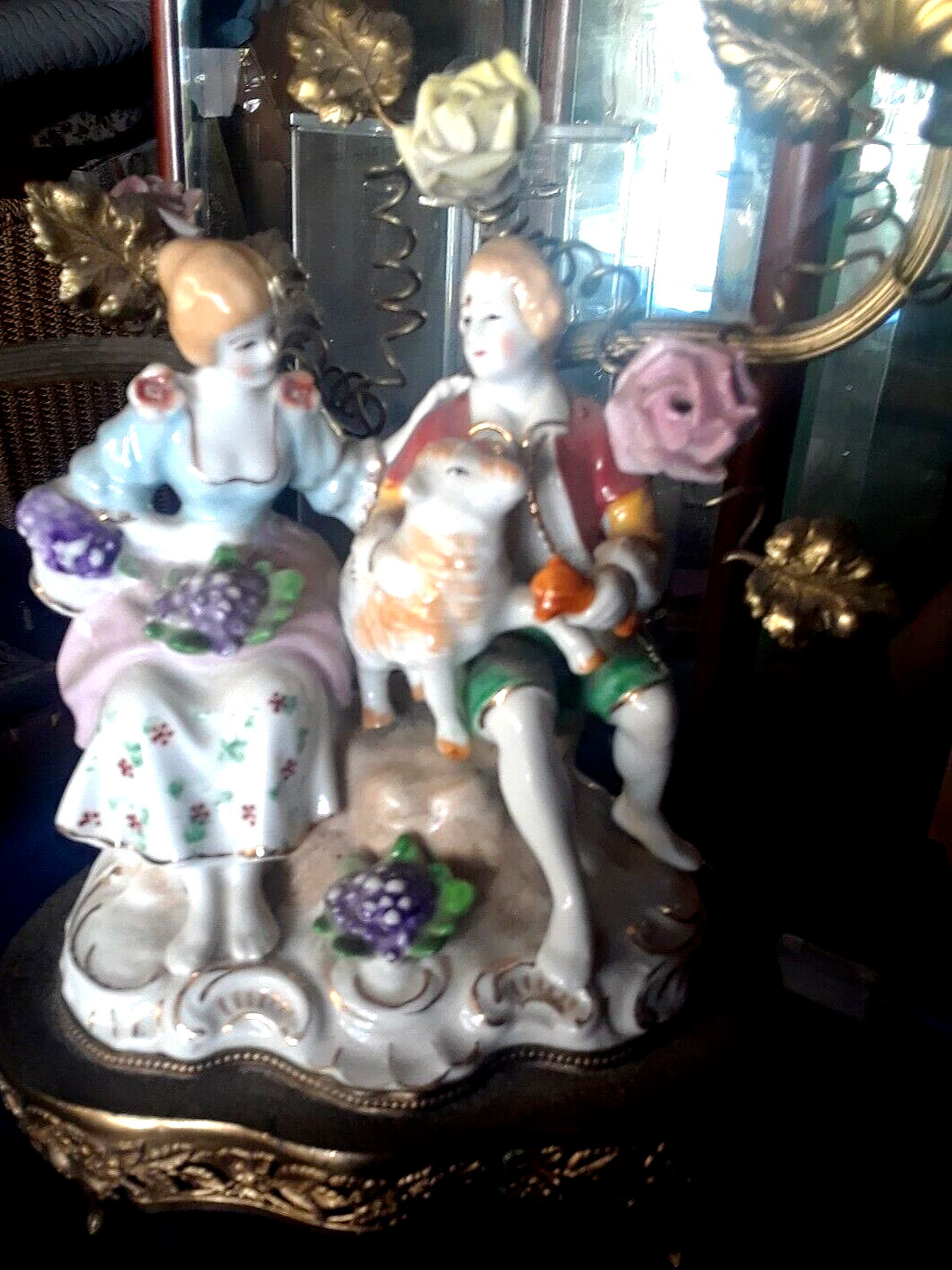 ANTQ Gilt Bronze 2-Branch Boudoir Lamp◇Porcelain Flowers◇Dresden Figurals◇Lamb ANTQ Gilt Bronze 2-Branch Boudoir Lamp◇Porcelain Flowers◇Dresden Figurals◇Lamb