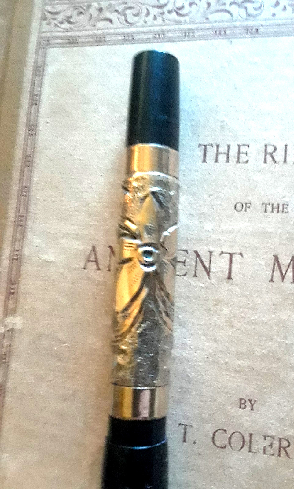 RARE ANTQ 1900s EXQUISITE BLACK, CHASED GOLD, 14K #4 NIB◇FILLER FOUNTAIN PEN◇A+