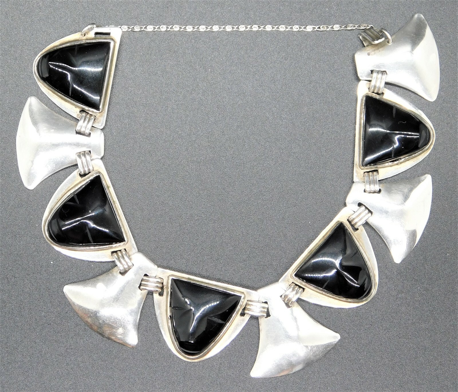 TAXCO MEXICO STERLING & ONYX CARVED MASKS BRACELET SIGNED AP ABRAHAM PAZ