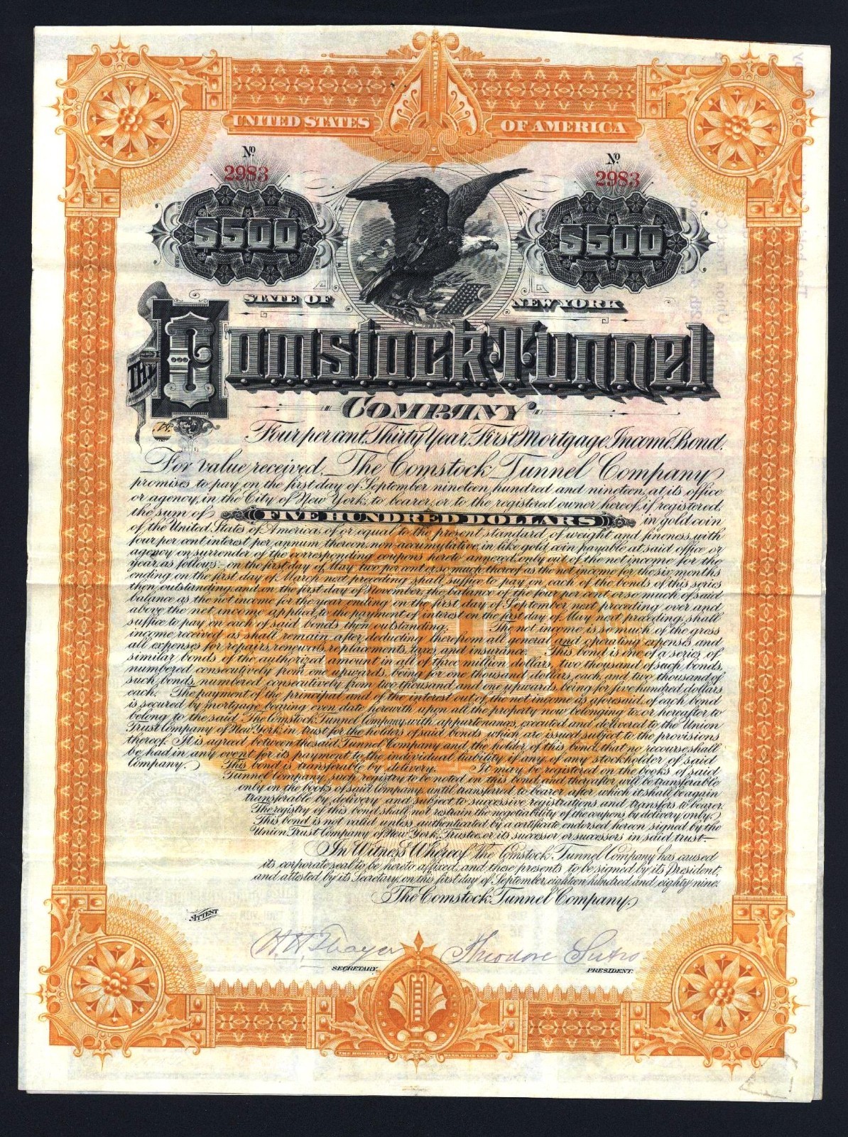 1889 Sutro Comstock Tunnel - Signed by Theodore Sutro - Stock Certificate - Bond 1889 Sutro Comstock Tunnel - Signed by Theodore Sutro - Stock Certificate - Bond