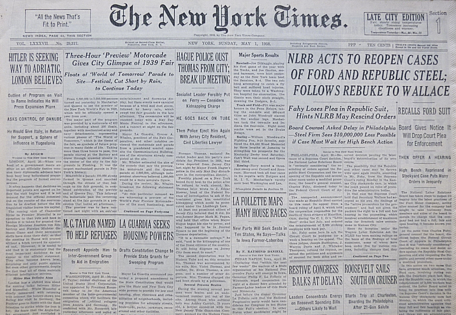 5-1938 May 1 HITLER SEEKING WAY TO ADRIATIC; WORLD TRADE FAIR DIMAGGIO YANKEES