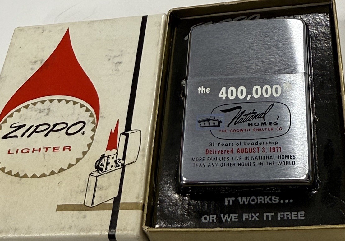 ZIPPO 1971 THE 400,000TH NATIONAL HOMES DOUBLE SIDED LIGHTER UNFIRED IN BOX B20