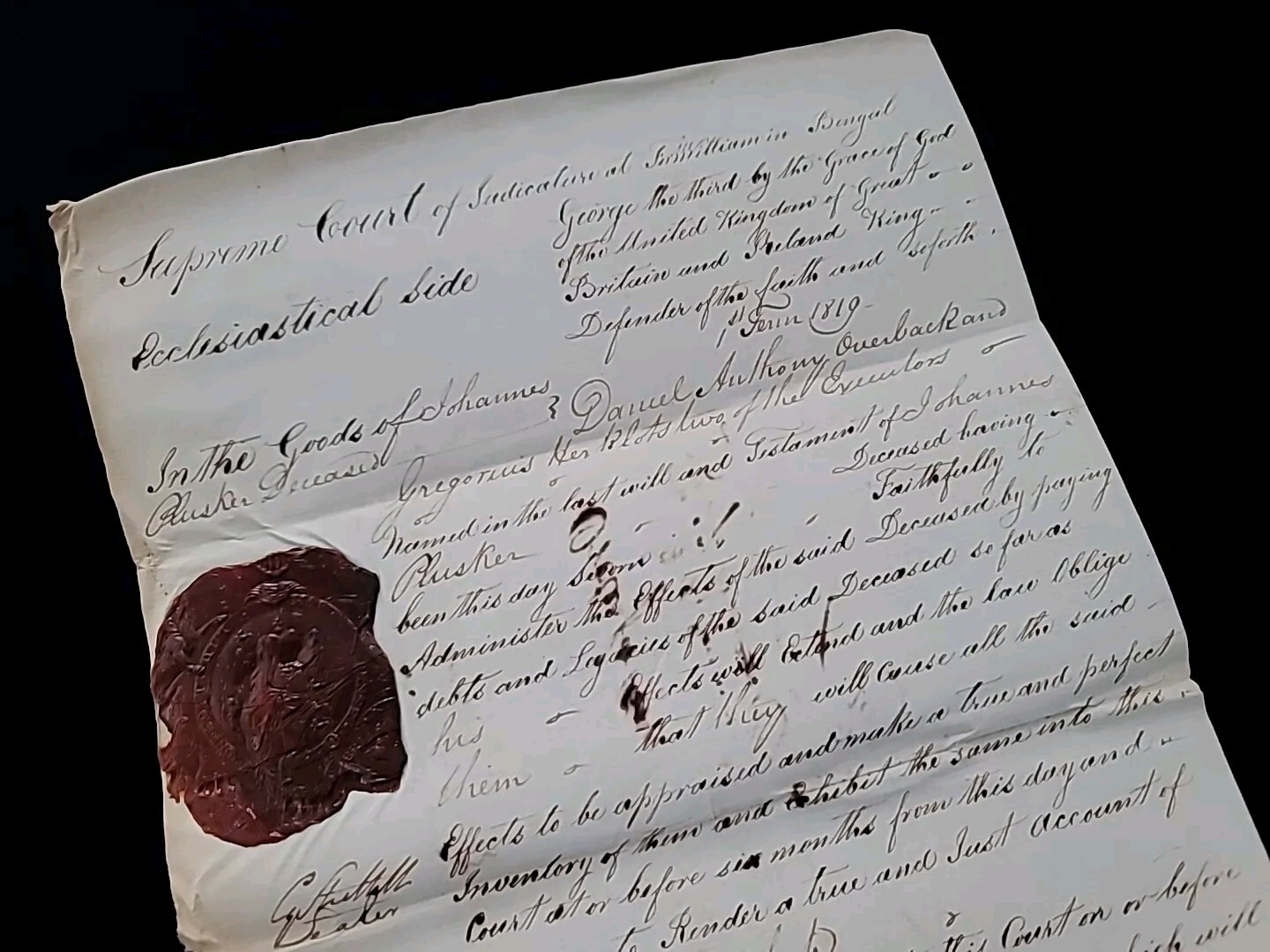 1819 George III Fort William Probate Document Last Dutch Bengal India Resident 1819 George III Fort William Probate Document Last Dutch Bengal India Resident