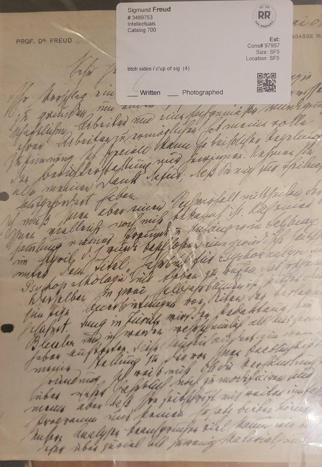 PSA/DNA Freud 1908 historical letter signed, Founding Journal of Psychoanalysis