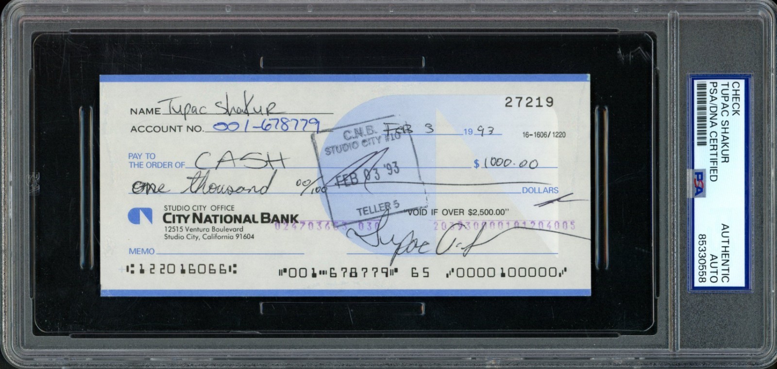 TUPAC SHAKUR 1993 HAND SIGNED PERSONAL BANK CHECK PSA/DNA AUTO VERY RARE