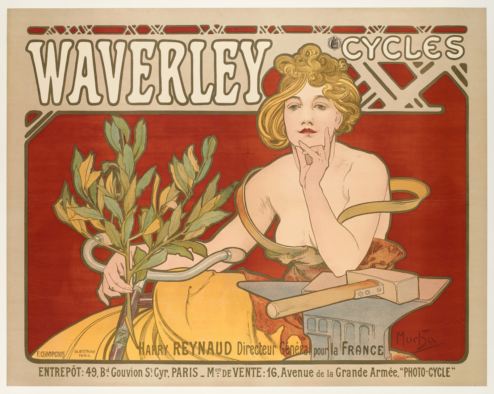 Original Art Nouveau Poster, Alphonse Mucha, Waverley Cycles, Anvil 1898