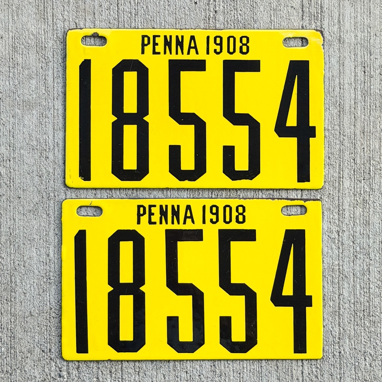 1908 Pennsylvania Porcelain License Plate Pair Auto Tag High Quality 18554