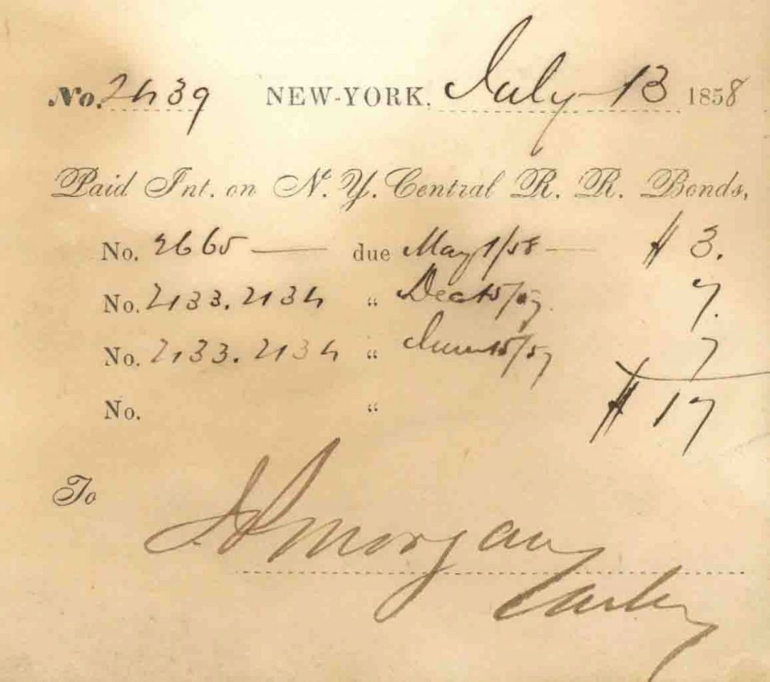 N.Y. Central R.R. Bonds ledger sheet signed by J. Pierpont Morgan - Very Early N.Y. Central R.R. Bonds ledger sheet signed by J. Pierpont Morgan - Very Early