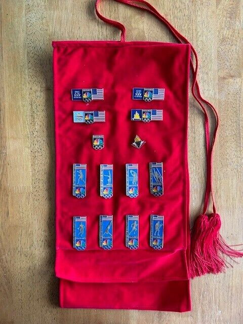 1992  Barcelona Olympic NBC VINTAGE Media 14 Pin Set on Red Pin Sash RARE