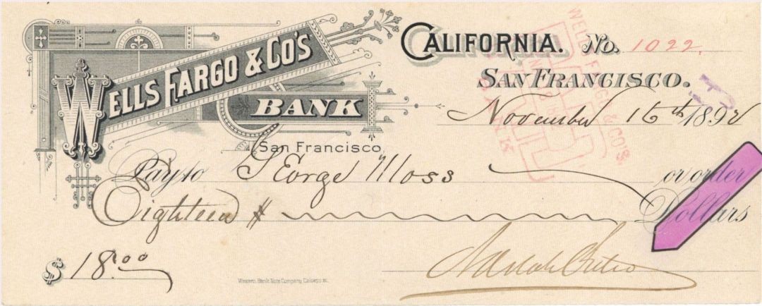 Check signed by Adolph Sutro - 1892 dated Autograph - From Sutro Tunnel Fame -