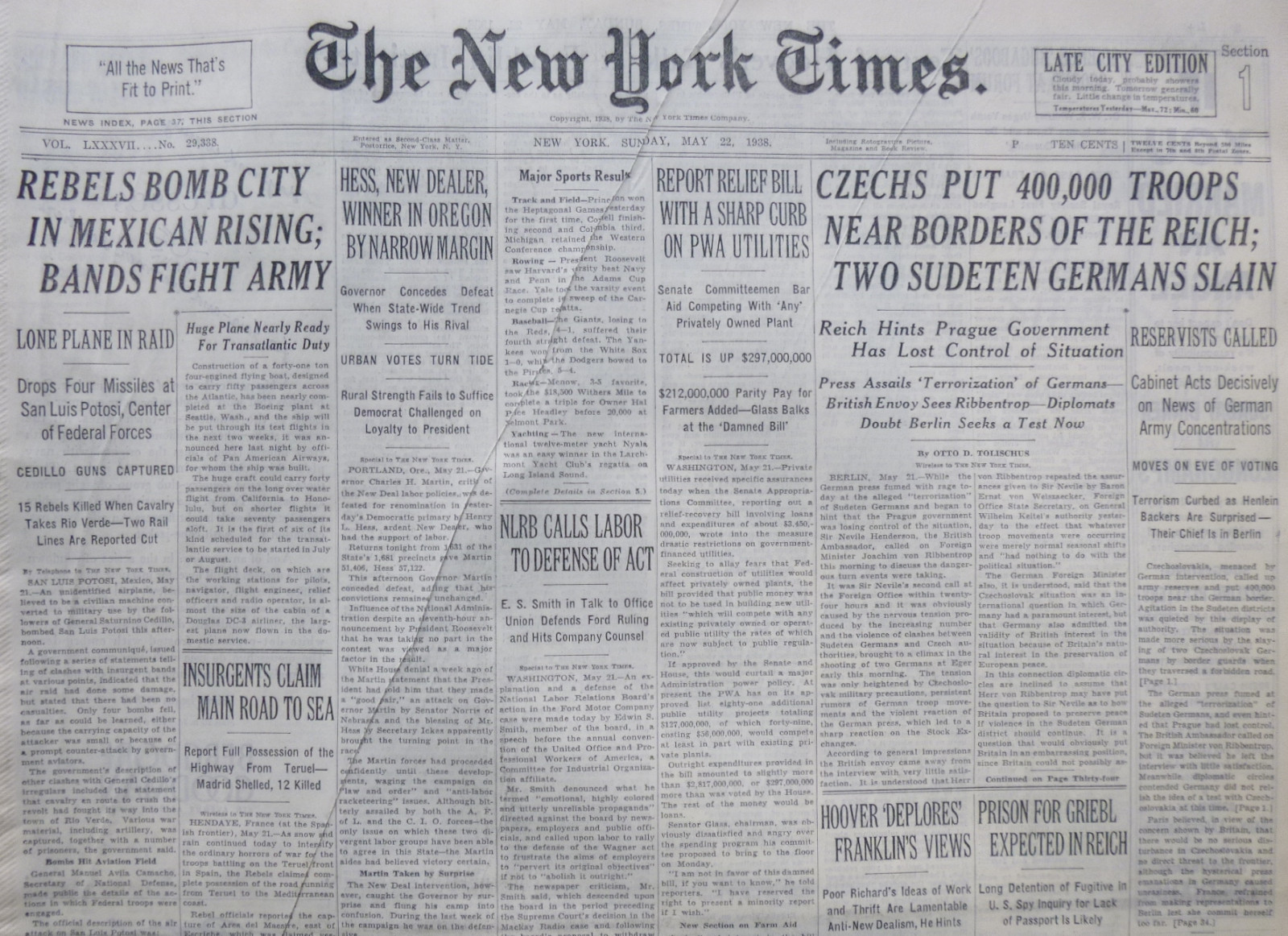 5-1938 May 22 CZECHS PUT 400,000 TROOPS NEAR BORDERS OF THE REICH; TWO SUDETEN