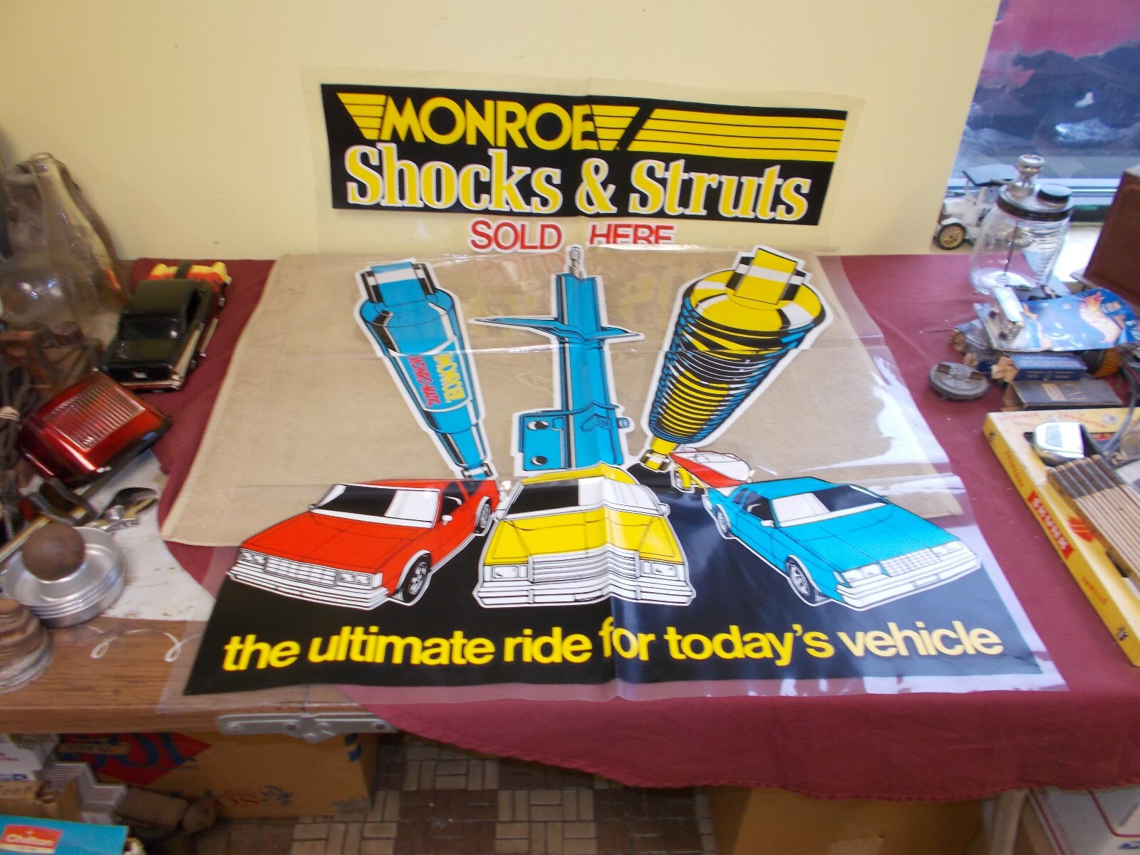 VGT ORIGINAL 1980s NOS MONROE SHOCK SIGN ADVERTIZING BANNER FORD CHEVY DODGE