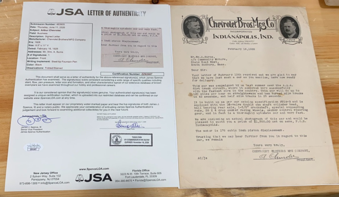 Very Rare 1928 Arthur Chevrolet Signed Race Car Letter Chevrolet Brothers JSA Very Rare 1928 Arthur Chevrolet Signed Race Car Letter Chevrolet Brothers JSA
