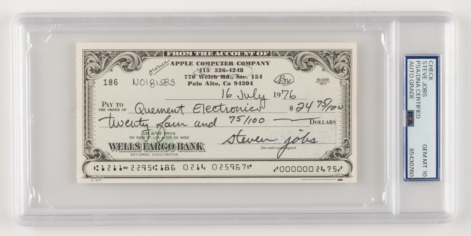 Steve Jobs Signed 1976 Apple Check PSA DNA Graded 10 GEM MINT Steve Jobs Signed 1976 Apple Check PSA DNA Graded 10 GEM MINT