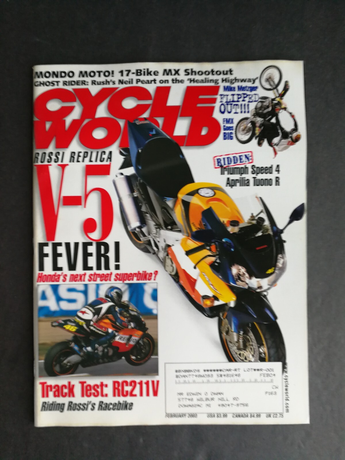 Cycle World Magazine February 2003 Asprilia RSV-R - & SL1000  Rossi Replica 223