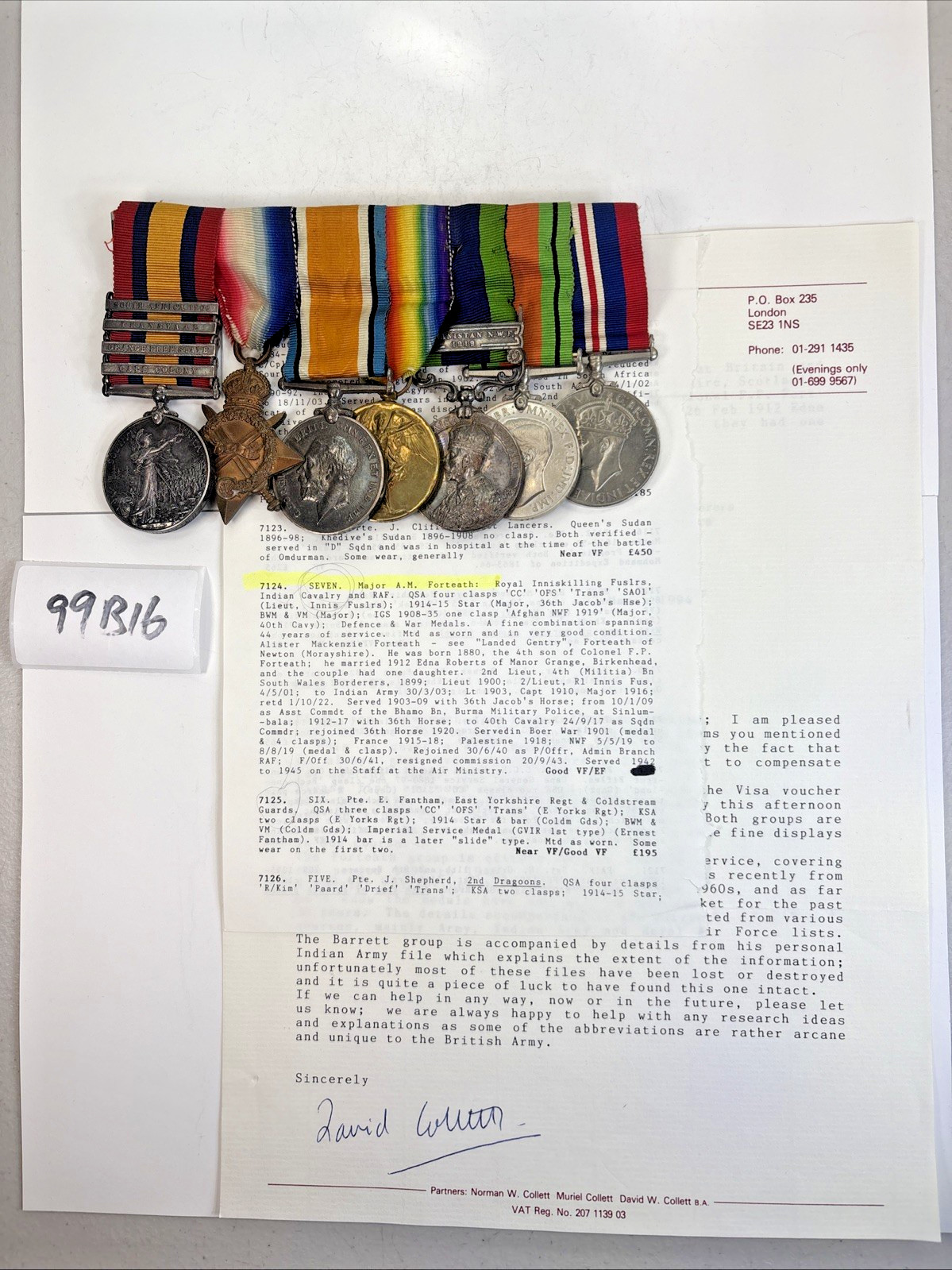 British 7-Medal Ribbon Bar Forteath Service Record Pre-WW1 to WW2 99B16