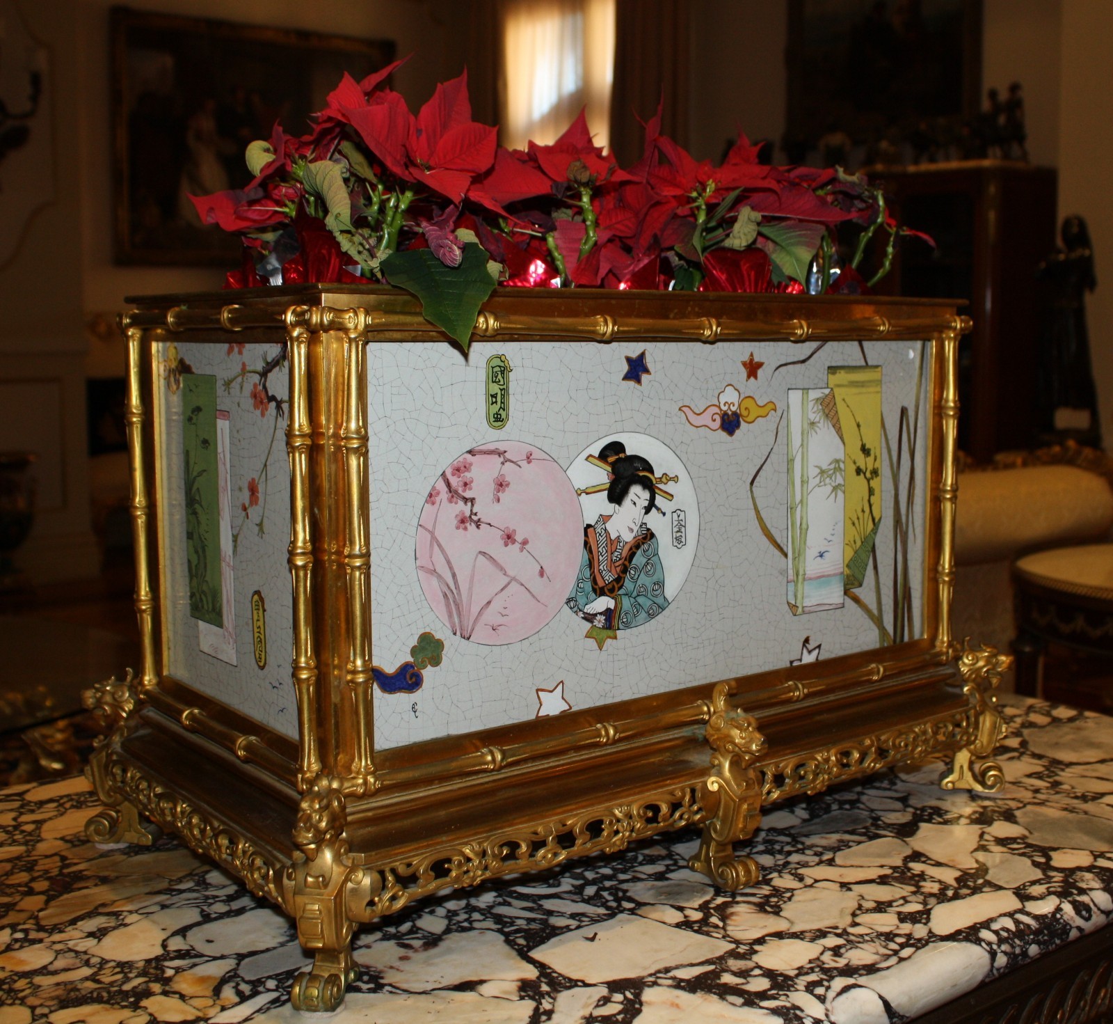 MAGNIFICENT 19C FRENCH GILT BRONZE HAND PAINTED ENAMEL JARDINIERE JAPANESE STYLE MAGNIFICENT 19C FRENCH GILT BRONZE HAND PAINTED ENAMEL JARDINIERE JAPANESE STYLE