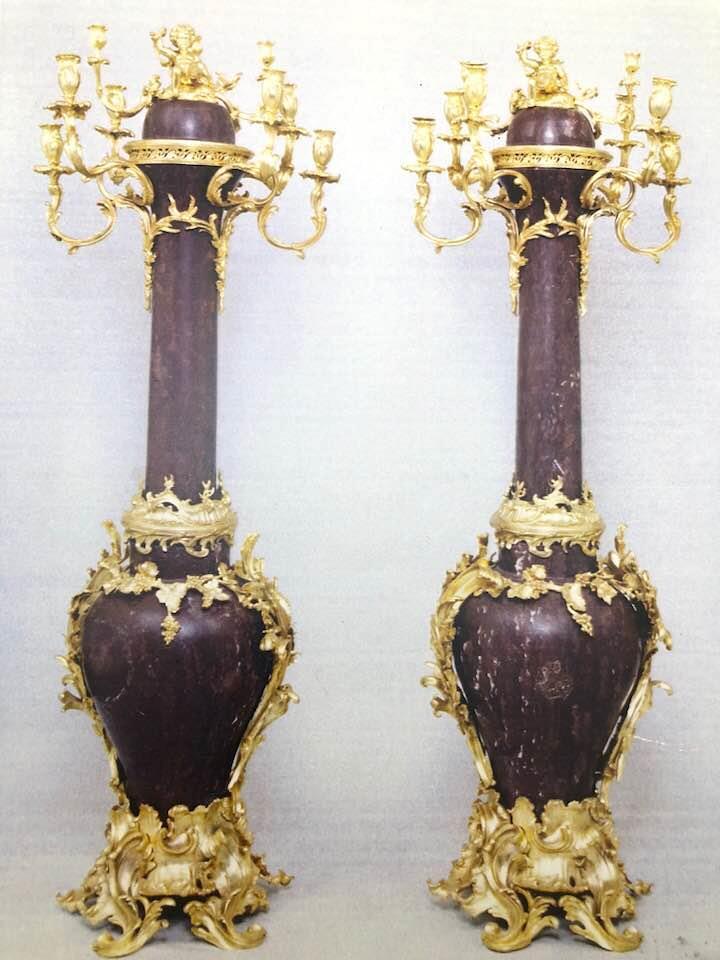 Antique 19th C Pair of French Gilt Bronze Marble Torchieres Floor Candelabras Antique 19th C Pair of French Gilt Bronze Marble Torchieres Floor Candelabras
