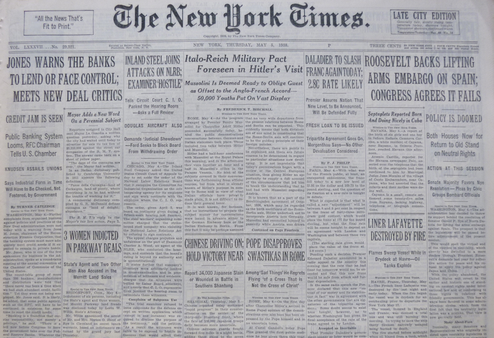 5-1938 May 5 ITALY REICH MILITARY PACT FORESEEN IN HITLERS VISIT SPAIN CIVIL WAR