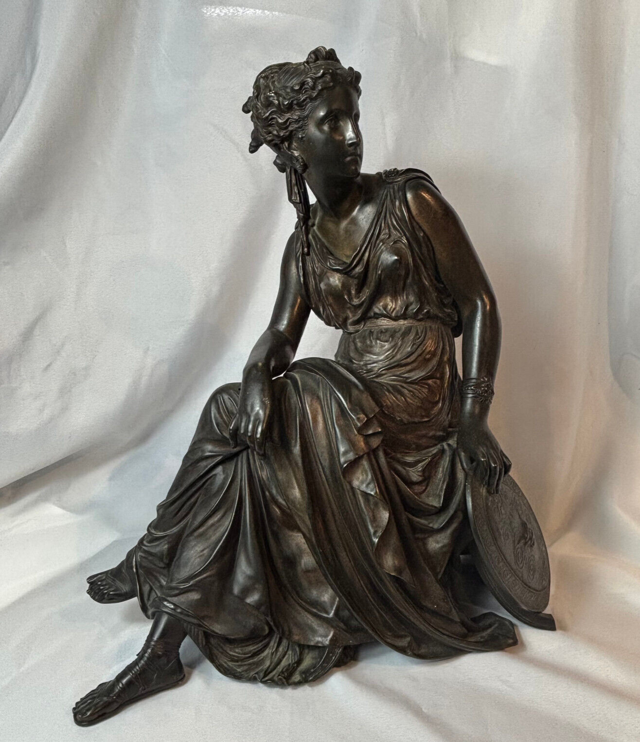 Antq Neoclassical Leon Pilet Bronze Sculpture Seated Greco Roman Lady W/ Shield Antq Neoclassical Leon Pilet Bronze Sculpture Seated Greco Roman Lady W/ Shield