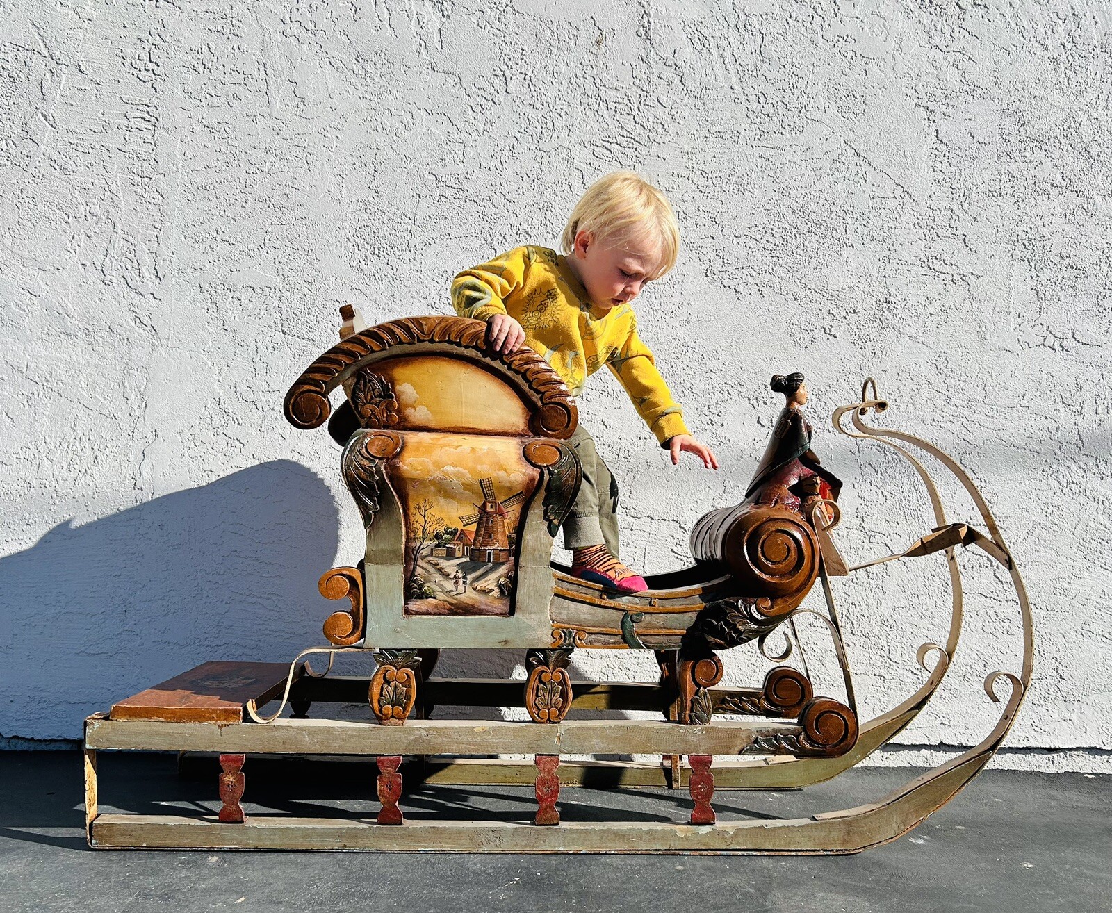 Full Size STUNNING Antique Austrian German Hand Carved Painted Wooden Sleigh Full Size STUNNING Antique Austrian German Hand Carved Painted Wooden Sleigh