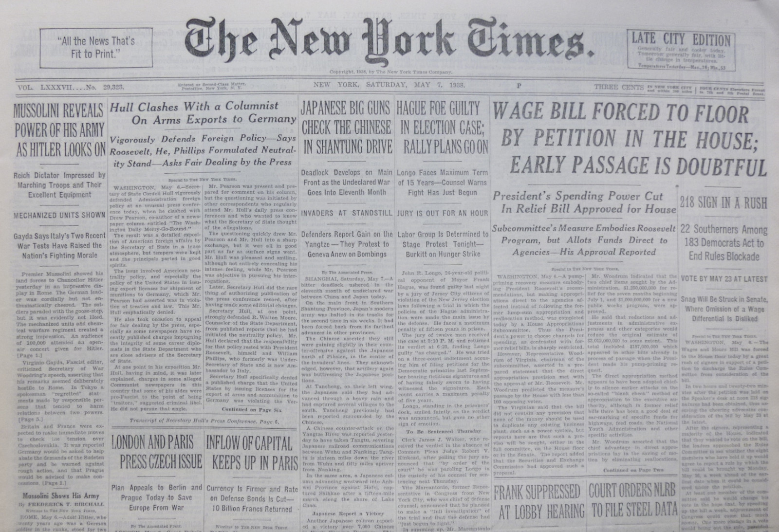 5-1938 May 7 MUSSOLINI REVEALS POWER OF HIS ARMY TO HITLER. HULL CLASH COLUMNIST