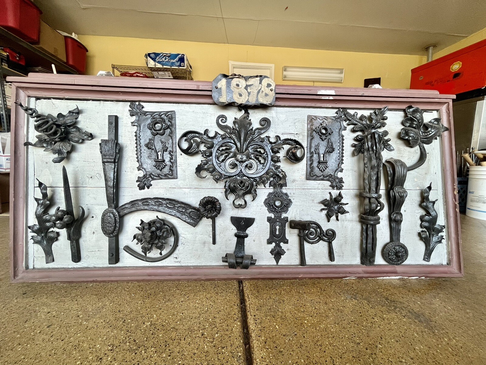Artist Blacksmith forged original elements 1878 wrought iron display board Artist Blacksmith forged original elements 1878 wrought iron display board