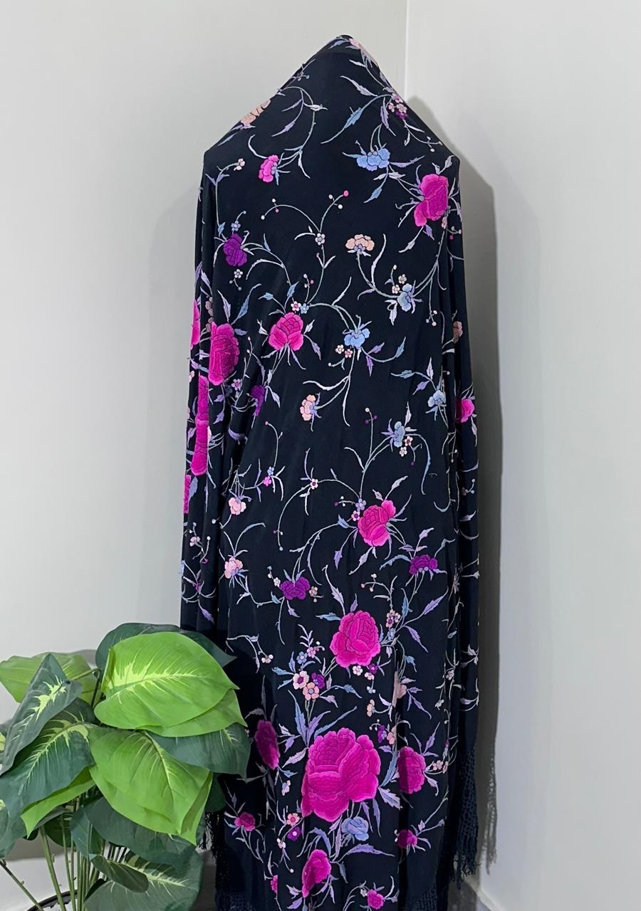 Antique Menton De Manila Silk Black Ground Multi Embroidery Piano Shawal, Antique Menton De Manila Silk Black Ground Multi Embroidery Piano Shawal,