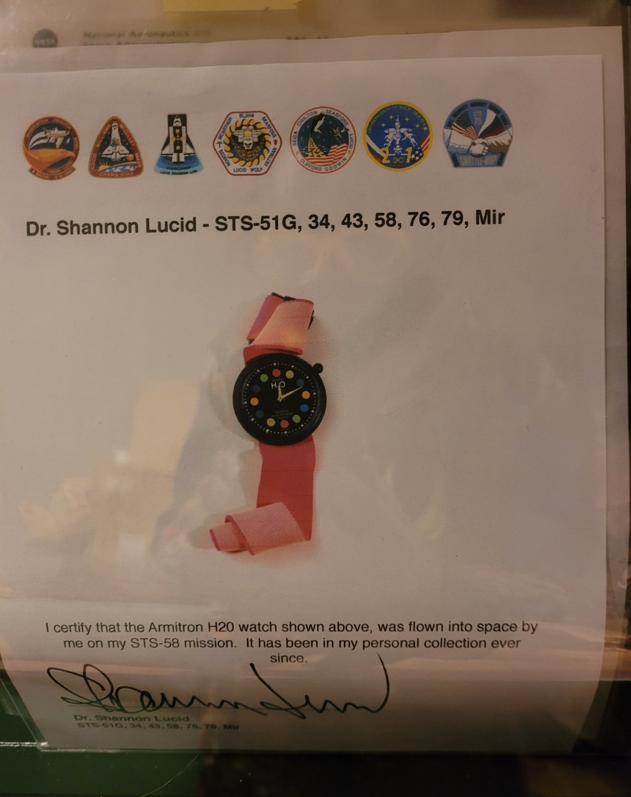 Space Flown Watch Dr. Shannon Lucid NASA Astronaut STS-58 Columbia Mir W/ COA