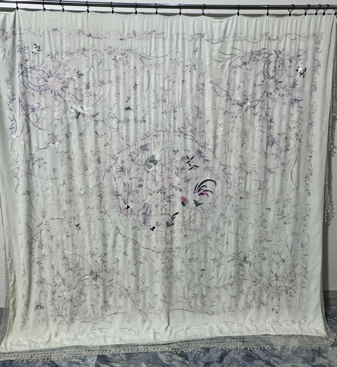 Antique Menton De Manila Silk Ivory Ground Multi Embroidery Piano Bed Spread Bed
