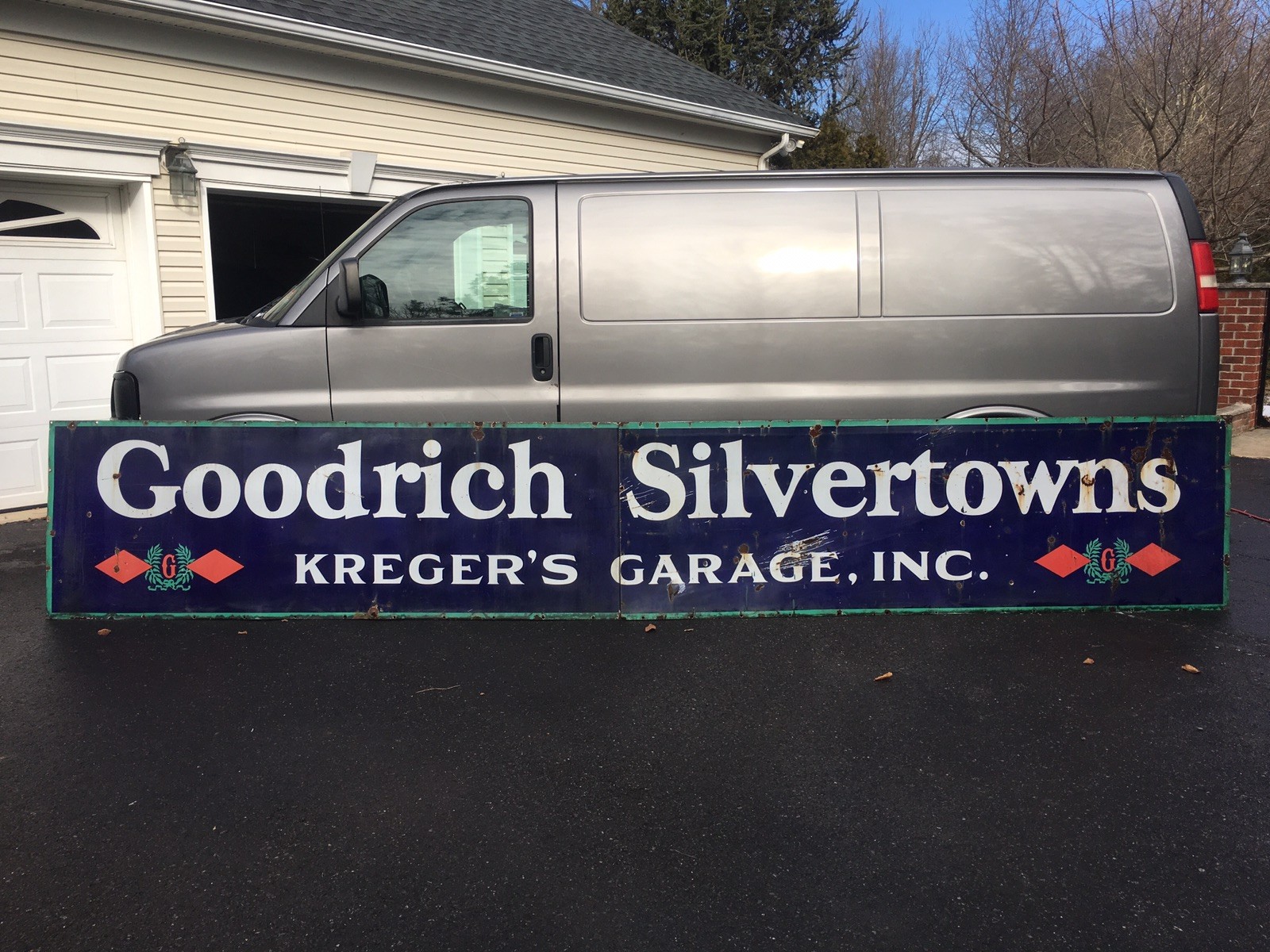 18ft Vintage 1930s GOODRICH SILVERTOWNS Tires Gas Oil Kreger’s Porcelain Sign