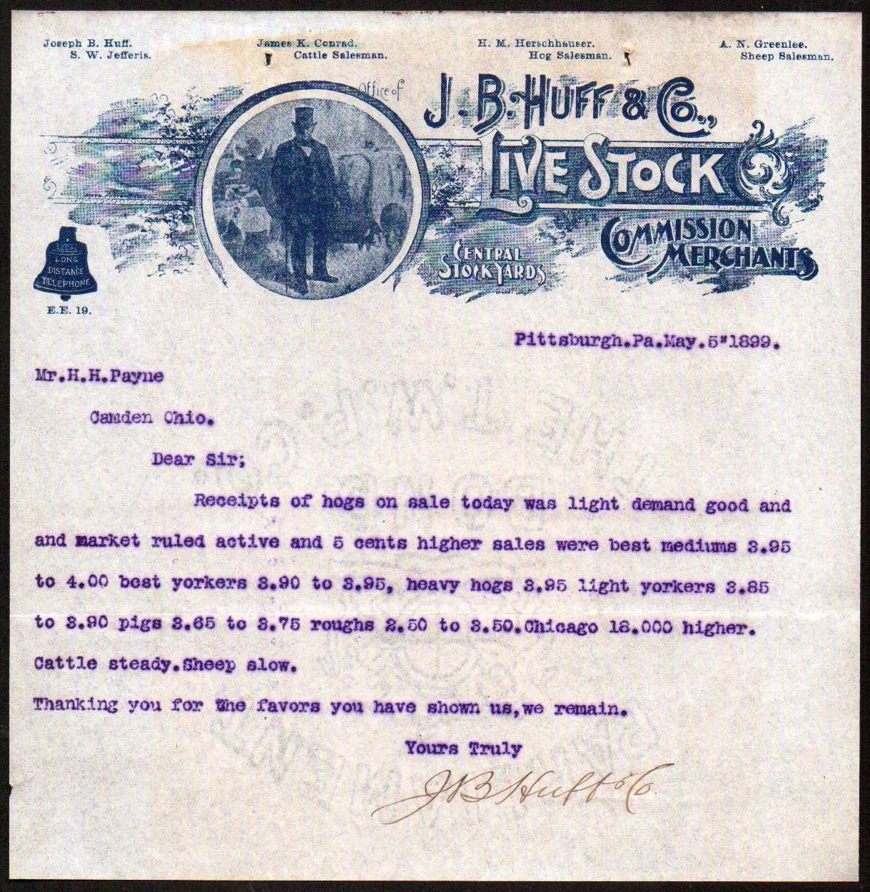 1899 Live Stock Commission - J B Huff & Co - Pittsburgh Pa - Letter Head Bill 1899 Live Stock Commission - J B Huff & Co - Pittsburgh Pa - Letter Head Bill