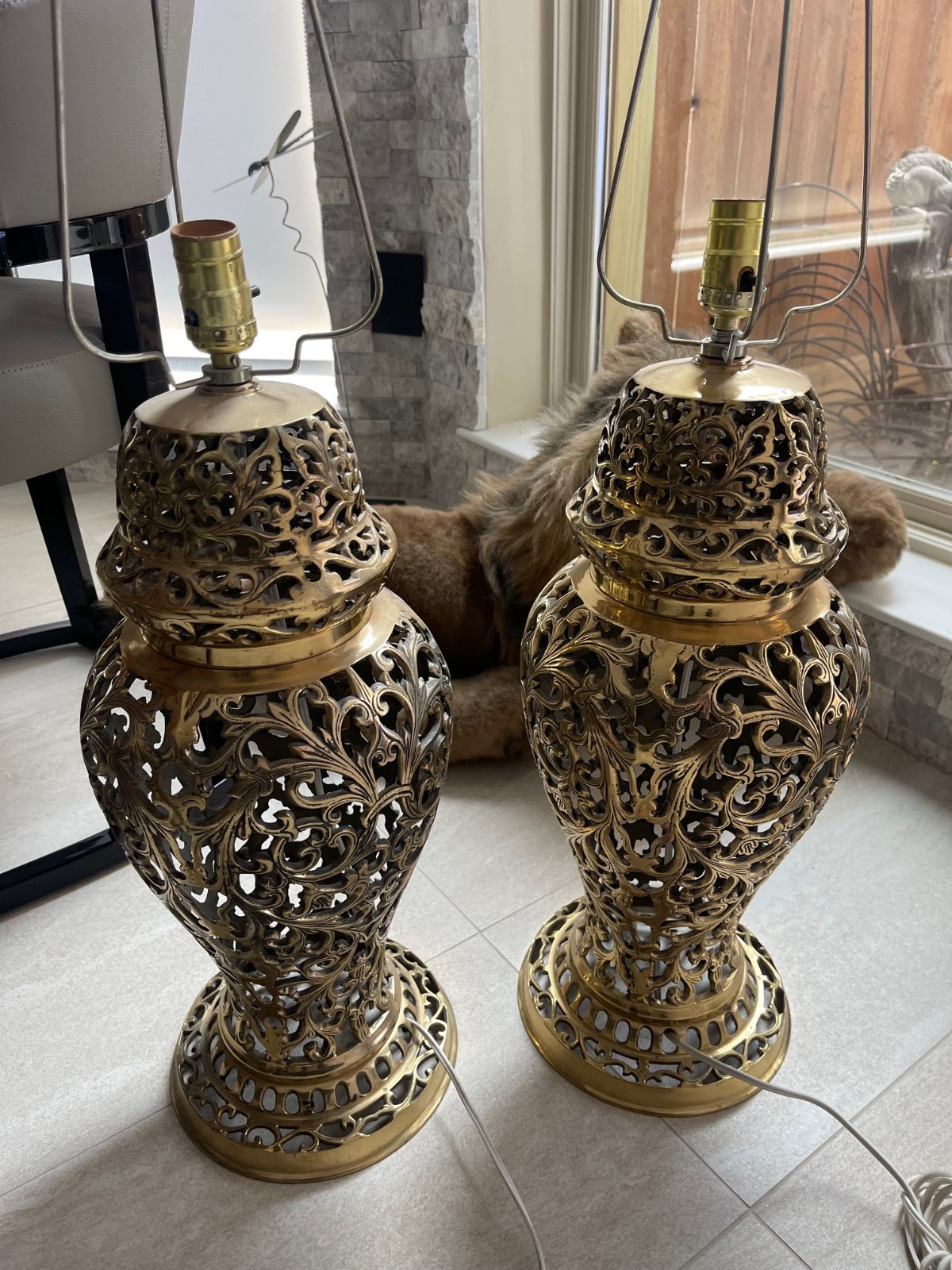 Vintage 1972 Brass Lamp Set Taiwanese Art Deco 32 Inches Tall